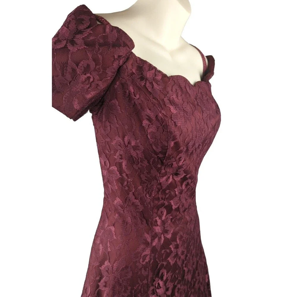 ROBERTA Vintage Dress Fir Flare Off Shoulder 80s Tulle Lace Burgundy Y2K 9/10 8 - Picture 3 of 7